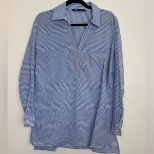 Zara Blue Striped pockets oversized Shirt size XS